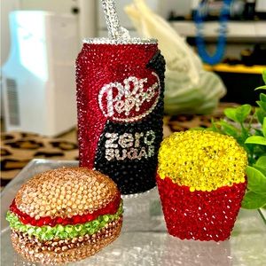 Hand Rhinestoned Coke Zero with rhinestoned straw and hamburger and French fries